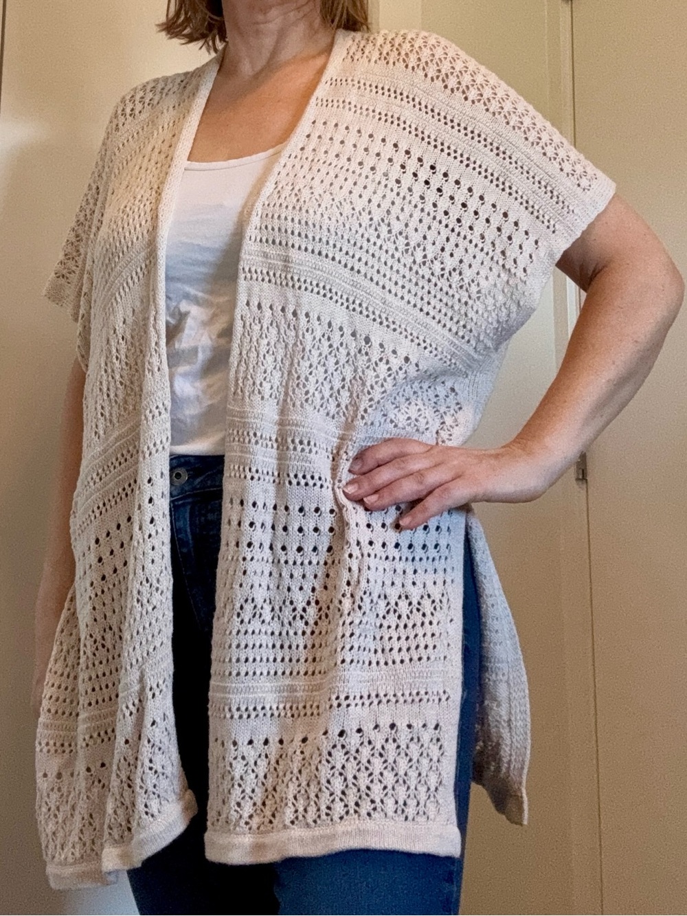 Dynamite Crochet Open Knit Kimono Cardigan Beige Poncho Shawl Wrap XS S